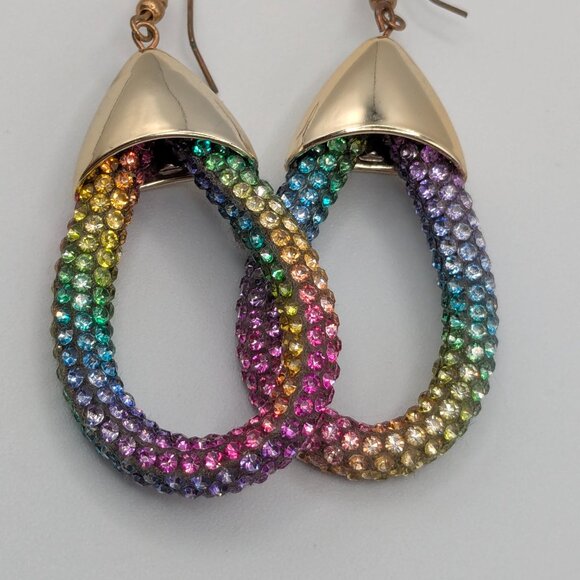 Crystal Women's Teardrop Hoop Multicolored Earrings Lightweight Gold Tone - Picture 4 of 7